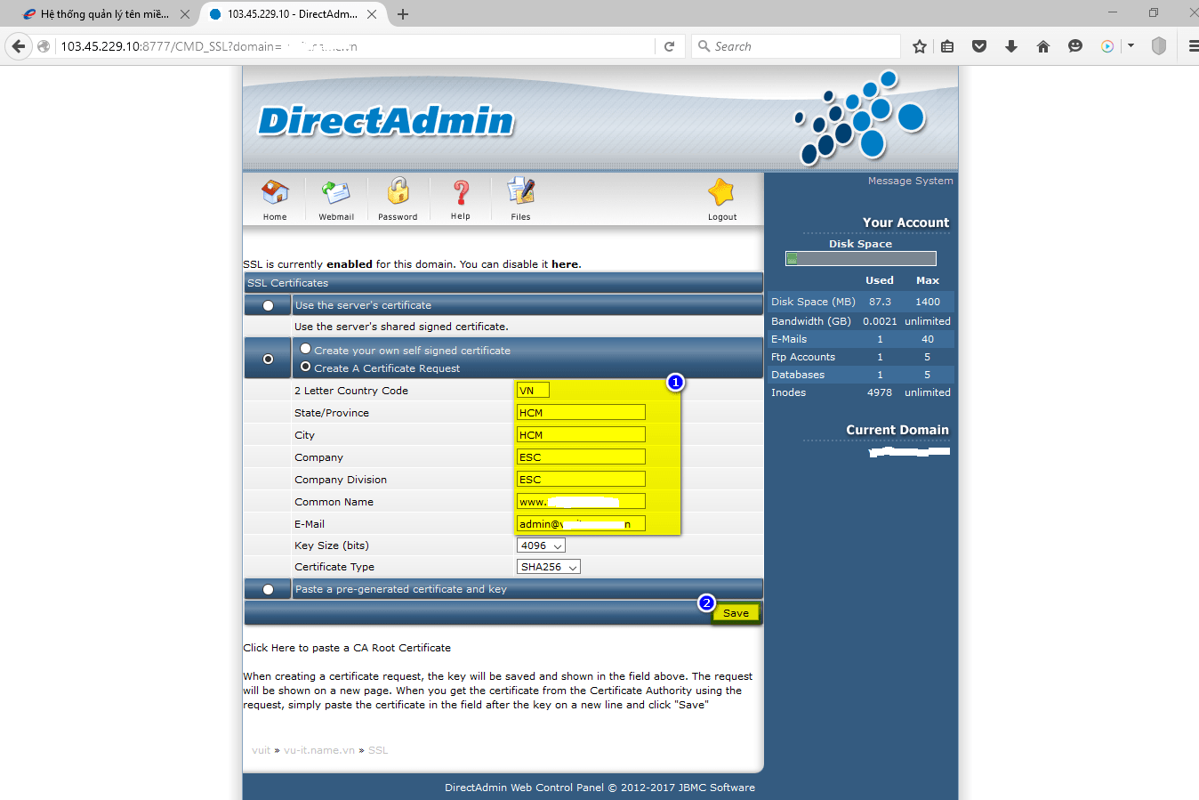 Điền thông tin khởi tạo CSR trên DirectAdmin