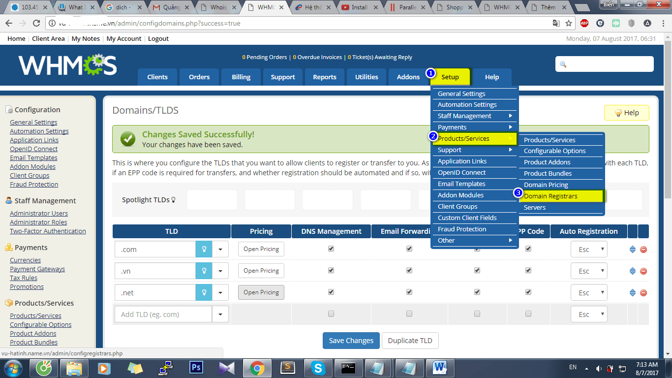 Vào Domain Registrars trong WHMCS Setup