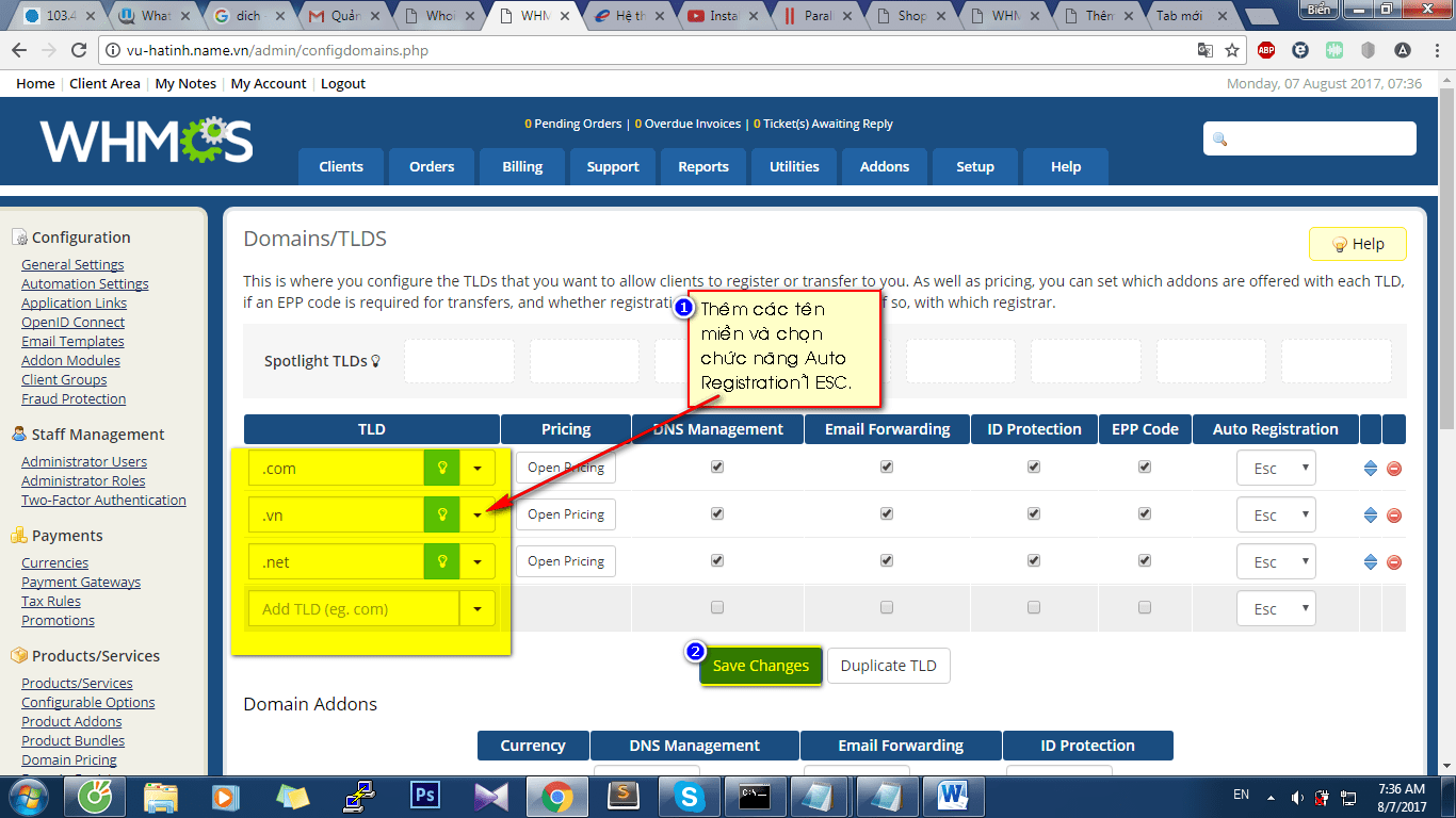 Gán Auto Registration là ESC trong Domain Pricing