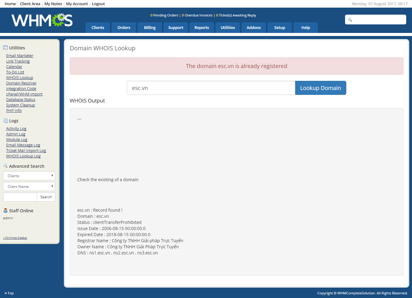 Màn hình kiểm tra Whois tên miền khả dụng trên WHMCS