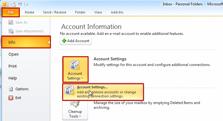 Mở Account Settings trên Outlook 2010