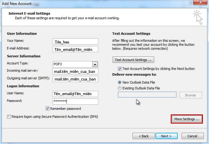 Nhập thông tin Server email