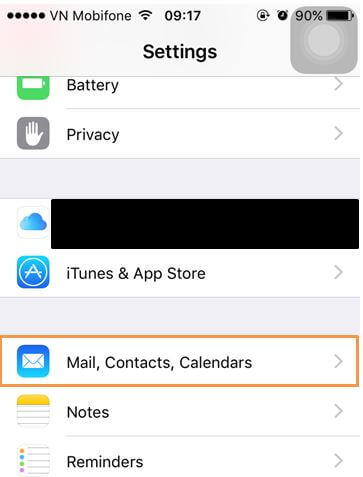 Chọn mục Mail trong Settings