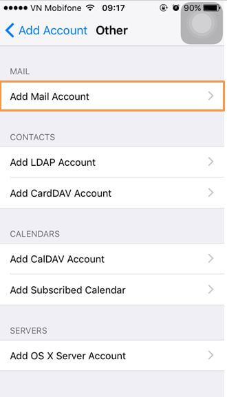 Chọn Add Mail Account