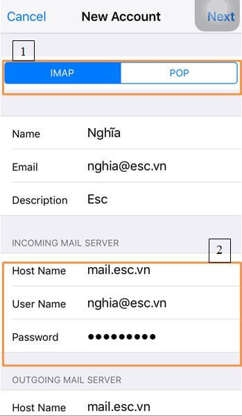 Chọn giao thức IMAP/POP và điền server thông tin