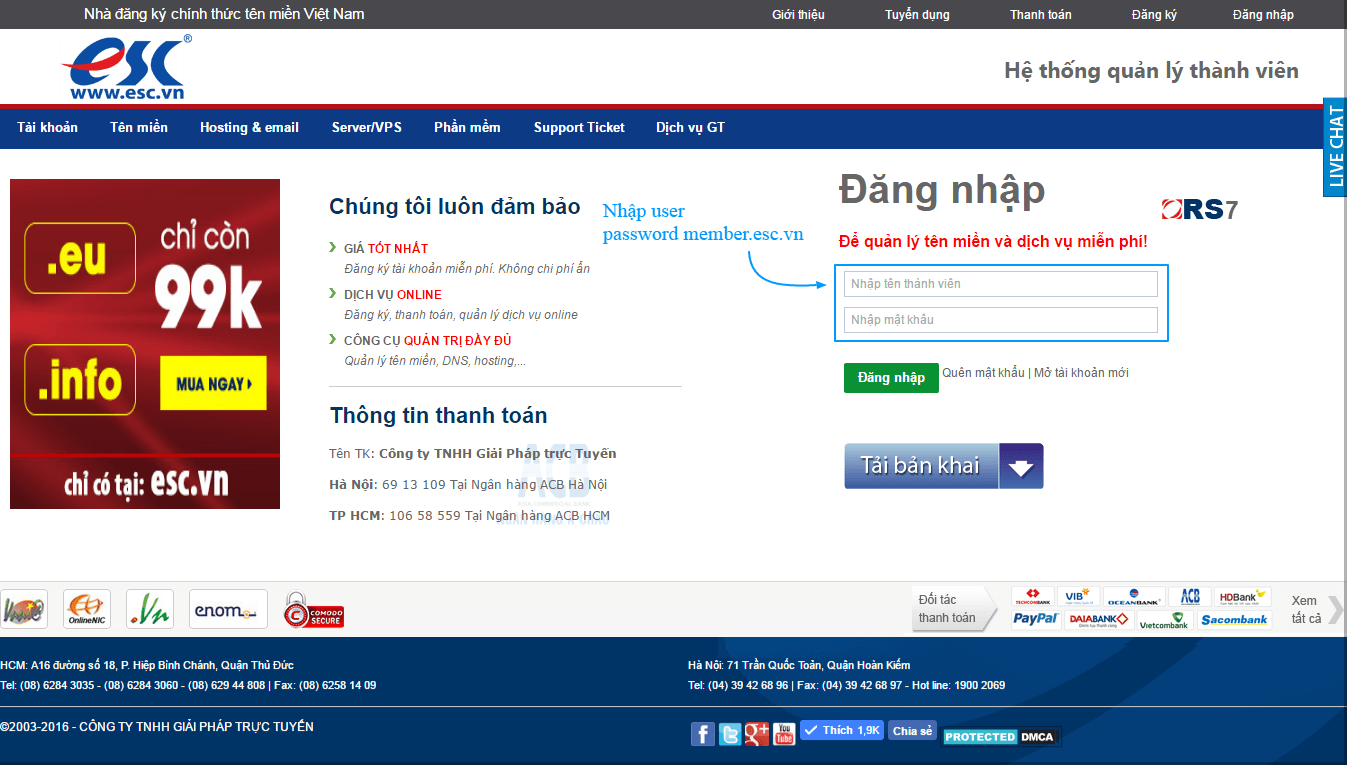 Giao diện đăng nhập hệ thống member ESC