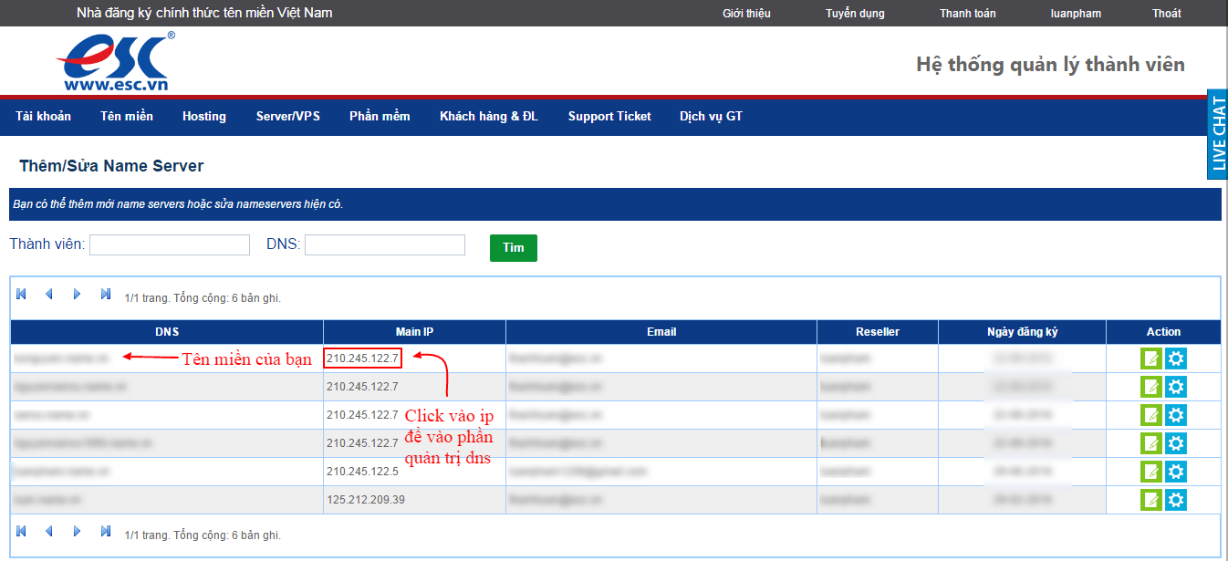 Nhấn vào IP để mở trang cấu hình DNS tên miền