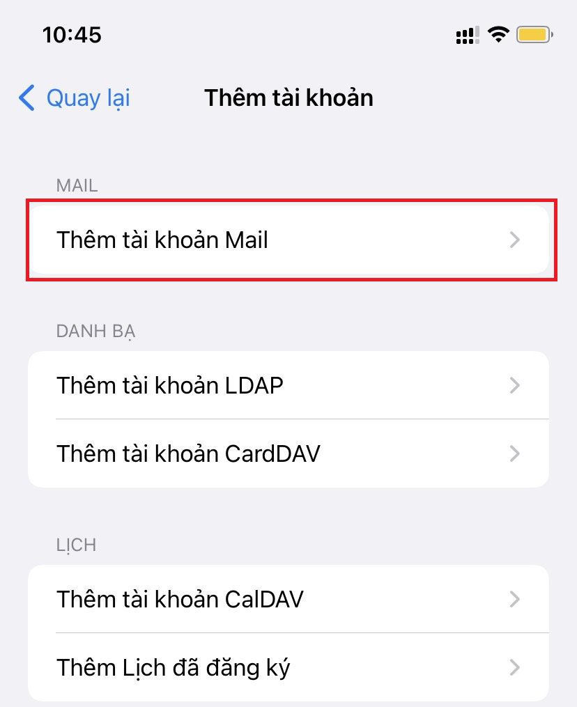 Bước 6 - Thêm tài khoản Mail