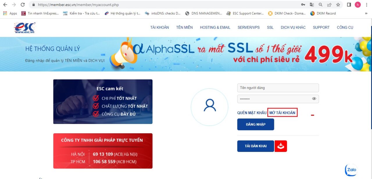 Mở tài khoản thành viên ESC