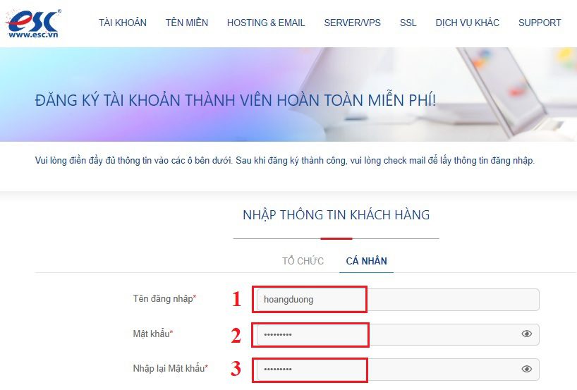 Nhập thông tin tài khoản ESC
