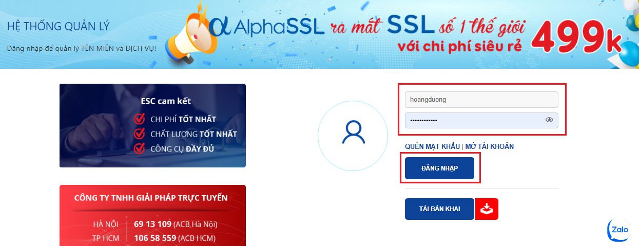 Đăng nhập tài khoản mới tạo