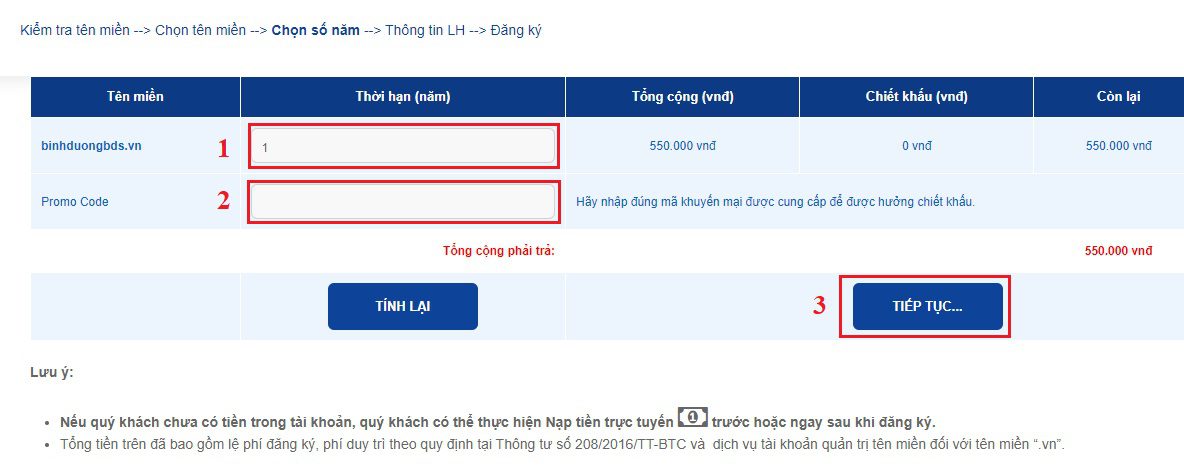 Chọn thời gian đăng ký tên miền và nhập mã giảm giá