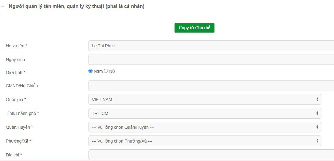 Khai báo thông tin người quản lý thanh toán