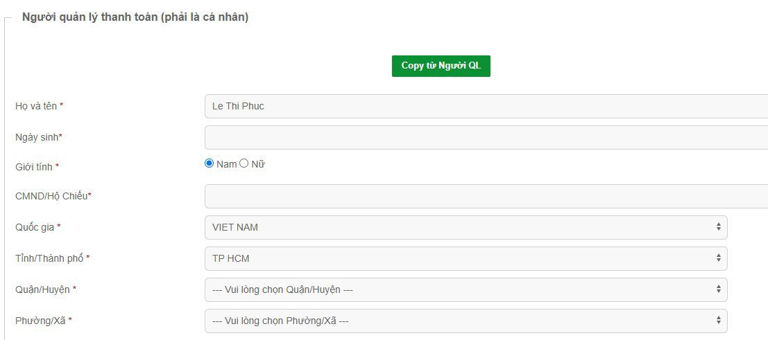 Nhập người quản lý thanh toán tên miền