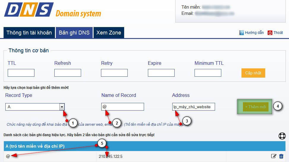 Thao tác thêm bản ghi A cho tên miền chính