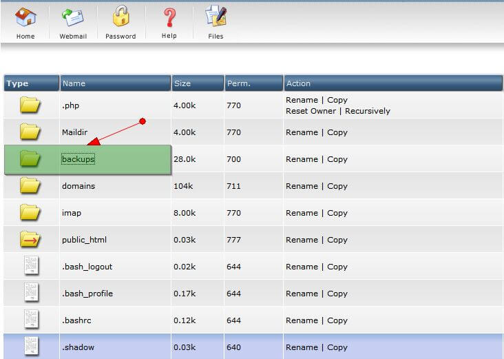 Mở thư mục backups