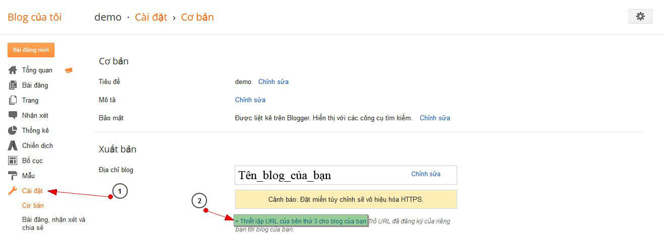 Mở menu cài đặt thiết lập URL bên thứ 3 trên Blogger