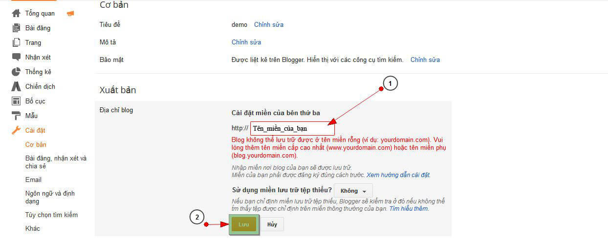 Nhập tên miền tùy chỉnh có www trên Blogger