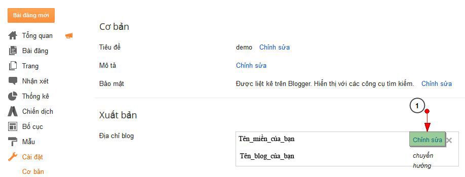 Nhấn chỉnh sửa tên miền tùy chỉnh trên Blogger