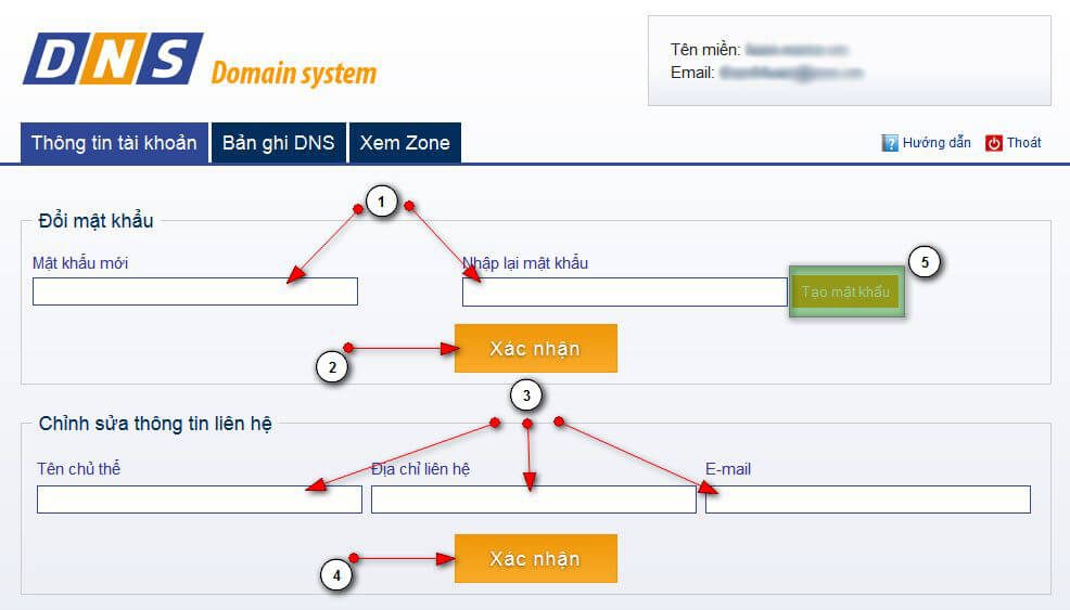 Chi tiết các mục thay đổi thông tin và mật khẩu