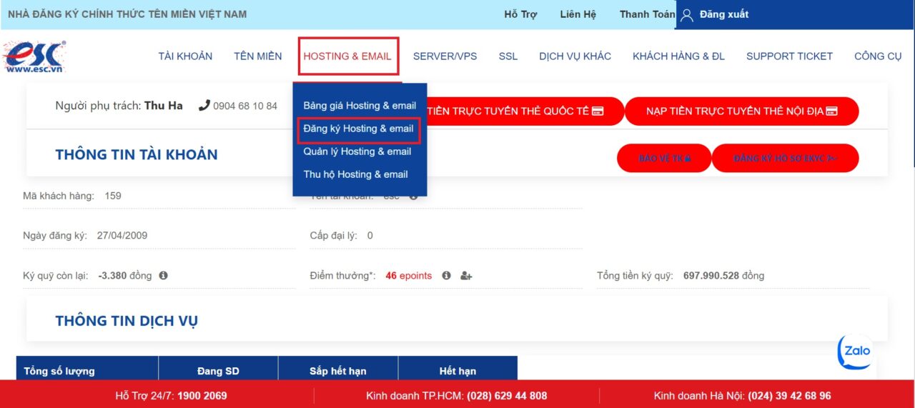 Chọn menu Hosting - Đăng ký hosting trong member ESC