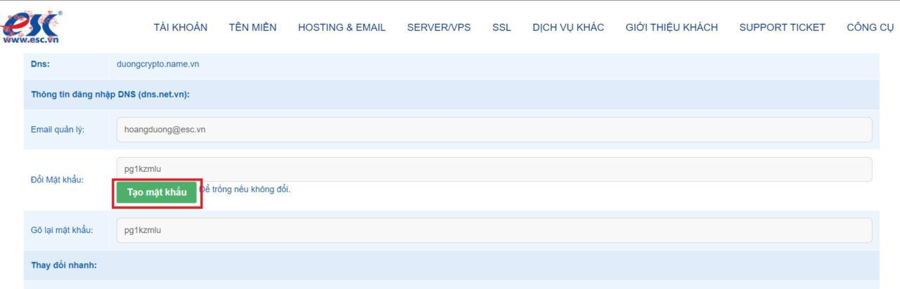 Tạo mật khẩu DNS mới