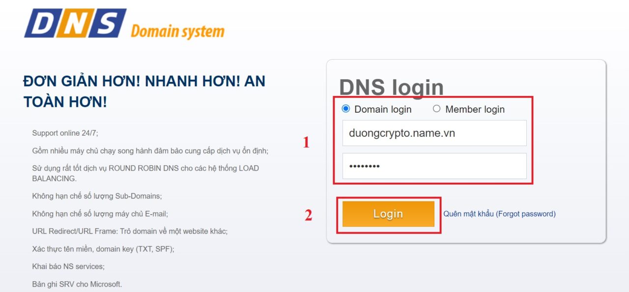 Đăng nhập trang quản trị DNS