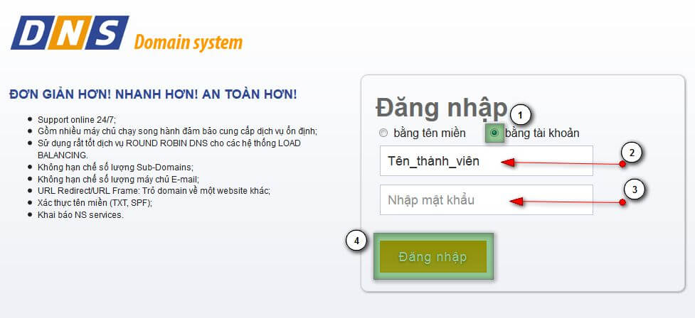 Hướng dẫn đăng nhập bằng tài khoản trên dns.net.vn