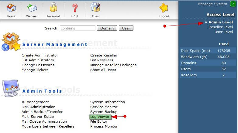 Mục Log Viewer trên DirectAdmin