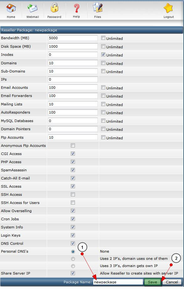 Cấu hình chi tiết các thông số Reseller Package
