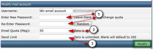 Giao diện cập nhật mật khẩu và dung lượng email