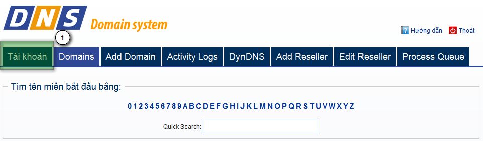 Menu Tài khoản trong trang DNS ESC