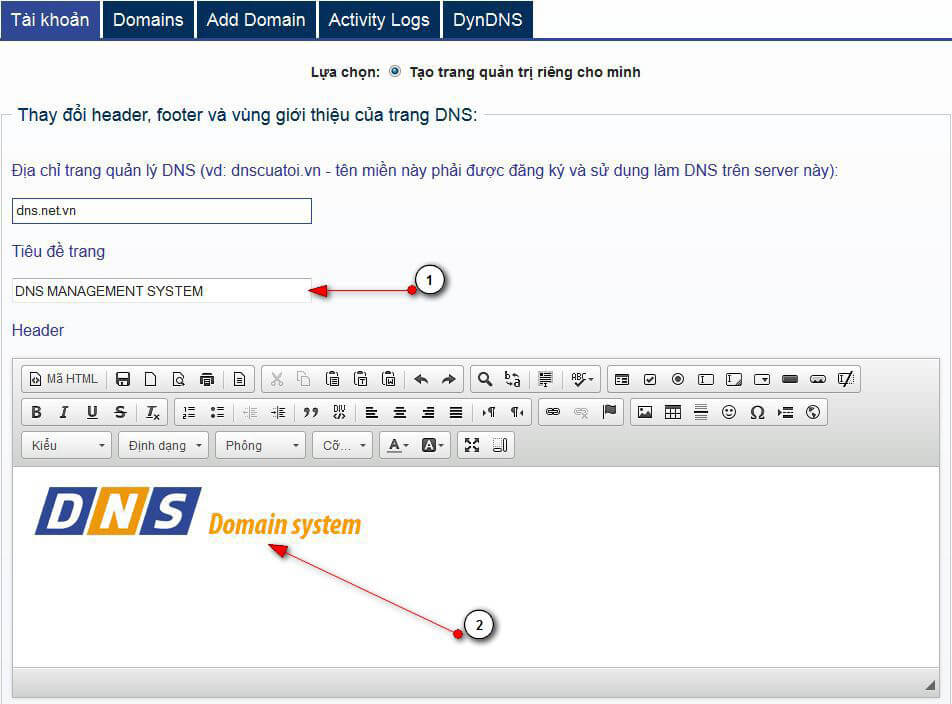 Giao diện nhập thông tin trang DNS riêng - Phần 1