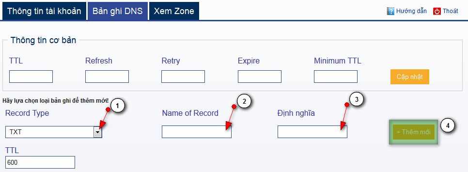 Hướng dẫn thêm bản ghi TXT trong giao diện quản lý DNS ESC
