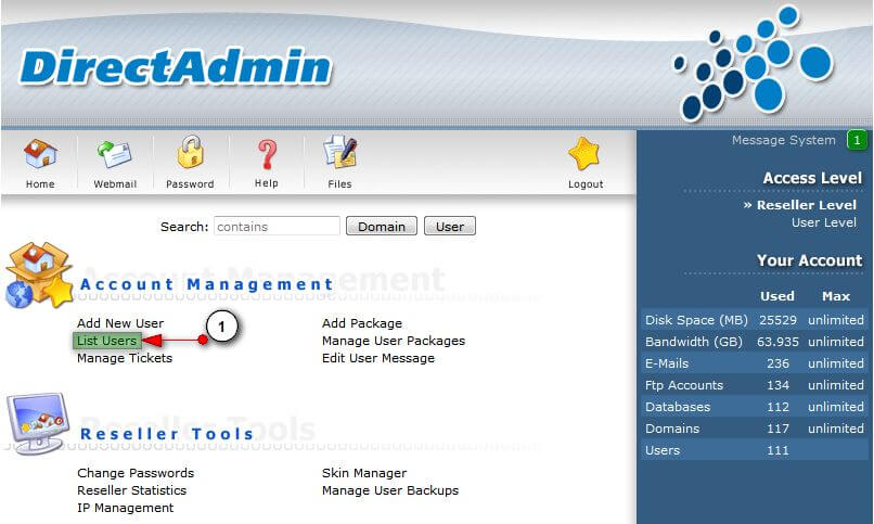 Danh sách người dùng List Users trên DirectAdmin Reseller