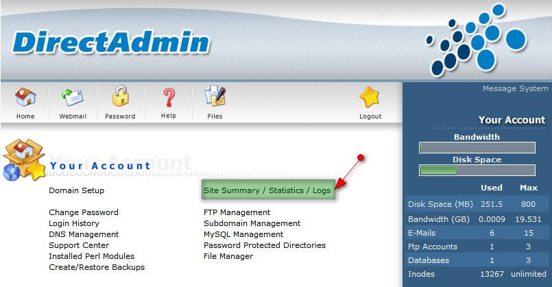 Mục Site Summary Statistics Logs trên DirectAdmin